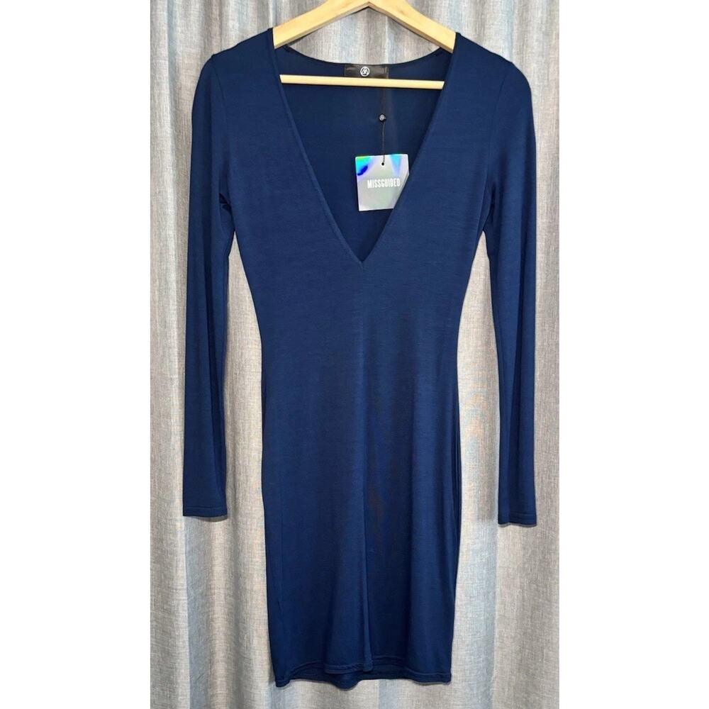 MISSGUIDED Sexy Chic Blue Plunge Long Sleeve Bodycon Dress Size US 4 - NWT